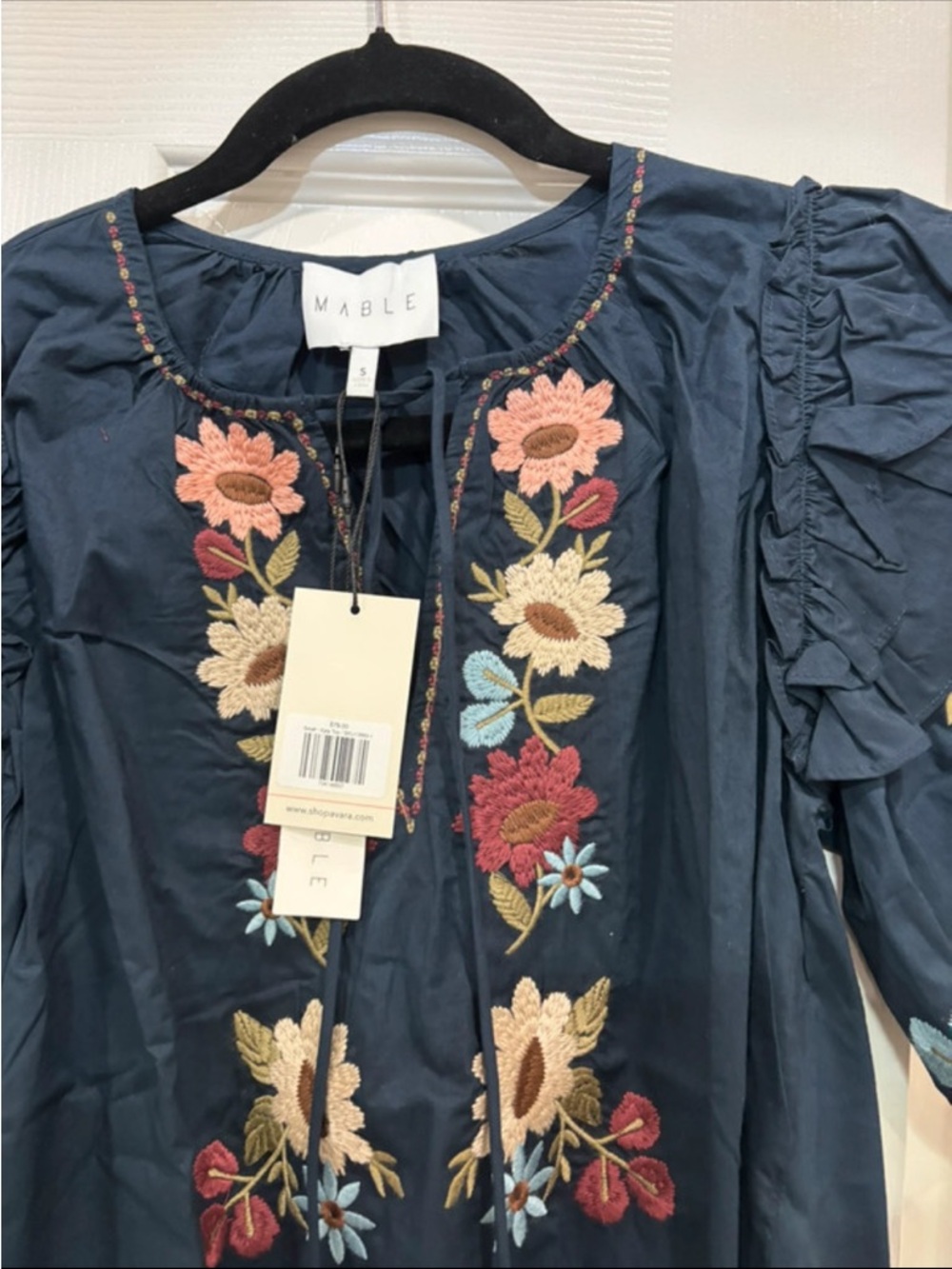 Mable- Navy Floral Embroidered Puff Sleeve Blouse - Picture 2 of 4